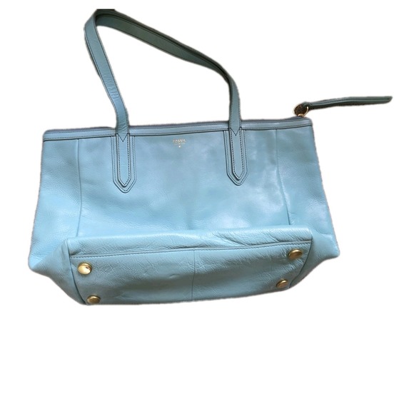 Fossil Mint Green Aqua Pebbled Leather Zipper Closure Double Handles Tote Bag - Picture 1 of 13